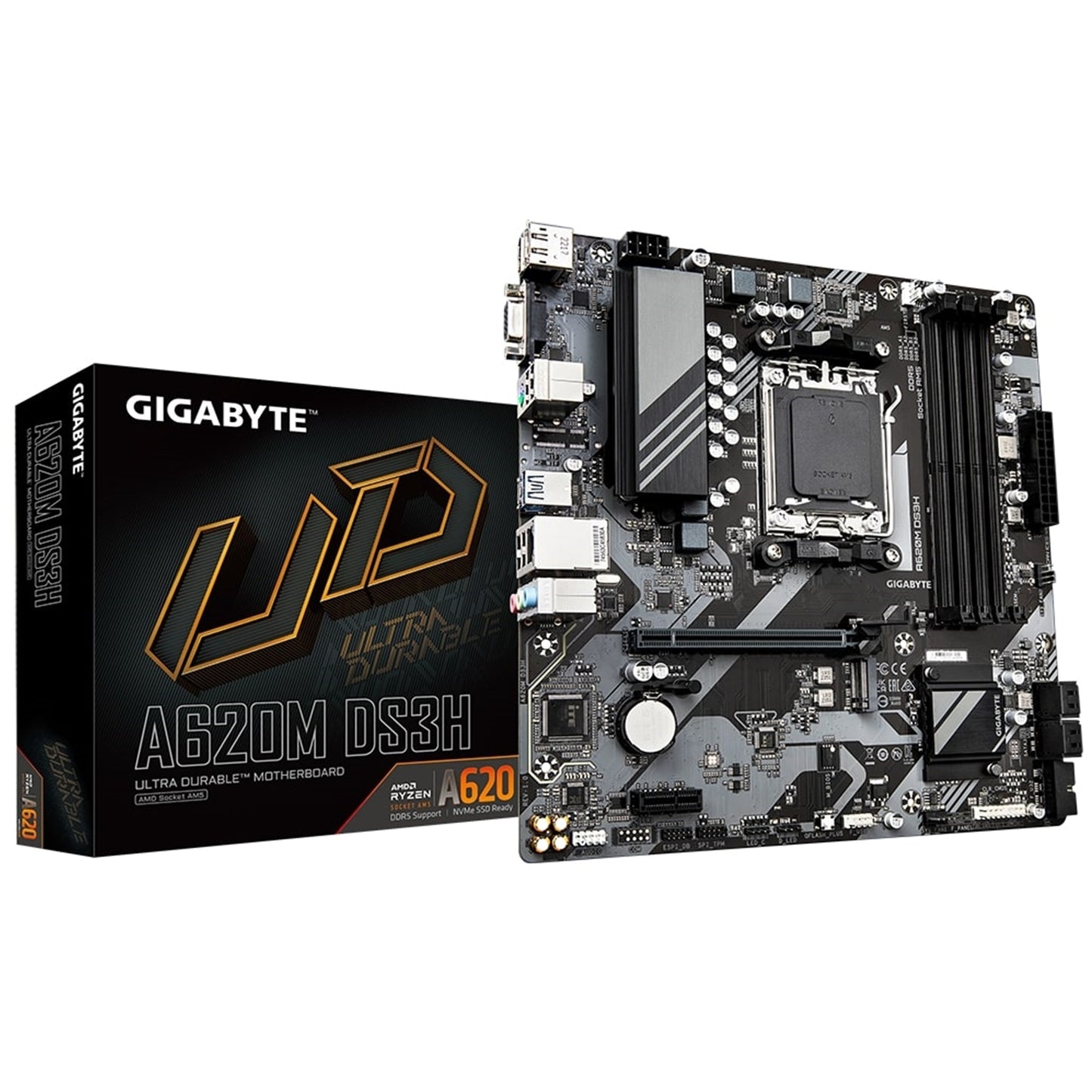 Gigabyte, Gigabyte A620M DS3H Ultra Durable AMD AM5 Socket Motherboard, Micro-ATX, 4x DDR5 Slots, 1x M.2 Socket, 1x USB-C Port, GbE LAN, 1x D-Sub / 1x DisplayPort / 1x HDMI Port, AMD A620, Micro ATX Form Factor; 24.4cm x 24.4cm