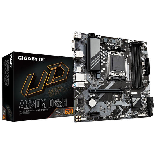 Gigabyte, Gigabyte A620M DS3H Ultra Durable AMD AM5 Socket Motherboard, Micro-ATX, 4x DDR5 Slots, 1x M.2 Socket, 1x USB-C Port, GbE LAN, 1x D-Sub / 1x DisplayPort / 1x HDMI Port, AMD A620, Micro ATX Form Factor; 24.4cm x 24.4cm