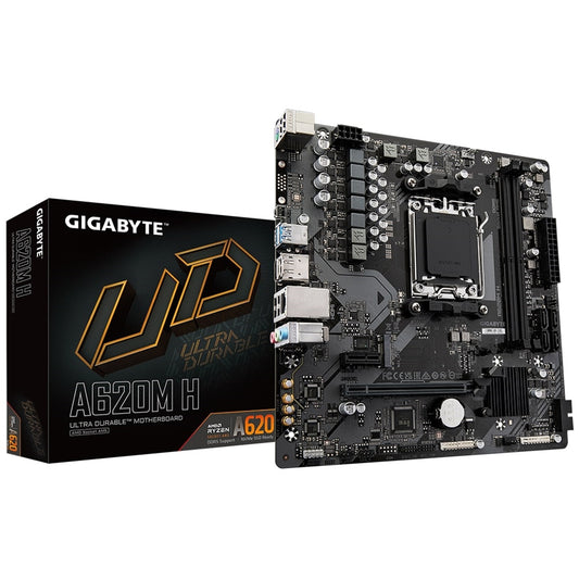 Gigabyte A620M H Ultra Durable AMD AM5 Socket Motherboard, Micro-ATX, 2x DDR5 Slots, 1x M.2 Socket, GbE LAN, 1x DisplayPort / 1x HDMI Port - PC Gear UK