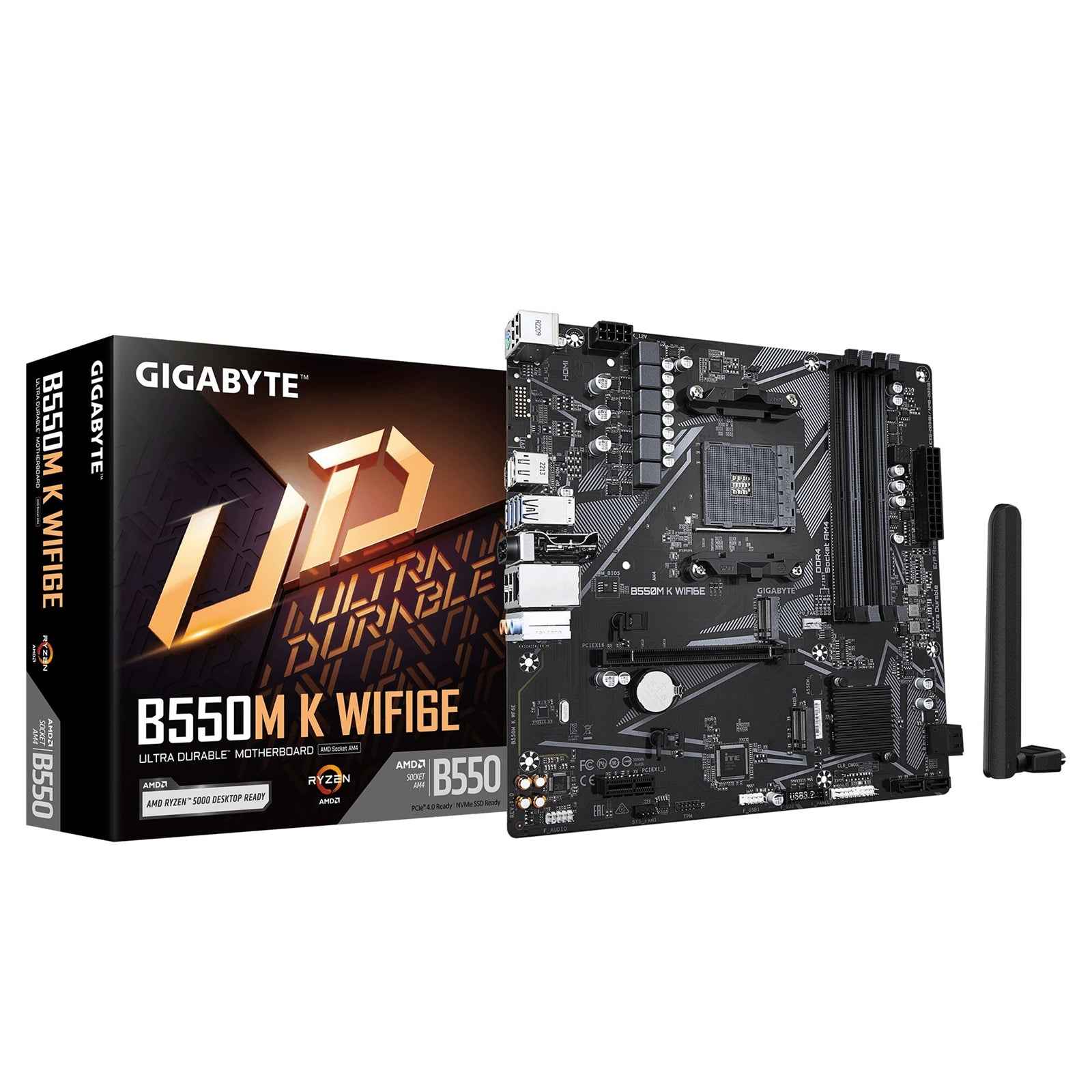 Gigabyte B550M K WIFI6E AMD AM4 Socket Motherboard, Micro-ATX, 4x DDR4 Slots, 2x M.2 Socket, GbE LAN, Wi-Fi 6E, 1x DisplayPort / 1x HDMI Port