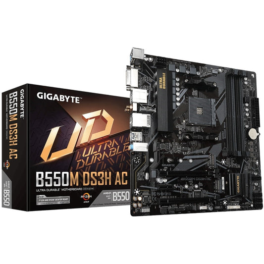 Gigabyte B550M DS3H AC Ultra Durable AMD AM4 Socket Motherboard, Micro-ATX, 4x DDR4 Slots, 2x M.2 Sockets, GbE LAN, Wi-Fi 5, 1x DVI-D / 1x HDMI Port - PC Gear UK