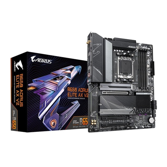 Gigabyte B650 AORUS ELITE AX V2 AMD AM5 Socket Motherboard, ATX, 4x DDR5 Slots, 3x M.2 Sockets, 1x USB-C Port, Fitted I/O Shield, 2.5GbE LAN, Wi-Fi 6E, 1x Display Port 1.4 / 1x HDMI Ports - PC Gear UK