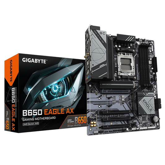 Gigabyte B650 EAGLE AX AMD AM5 Socket Motherboard, ATX, 4x DDR5 Slots, 3x M.2 Sockets, 1x USB-C Port, Fitted I/O Shield, GbE LAN, Wi-Fi 6E, 1x DisplayPort / 1x HDMI Port - PC Gear UK