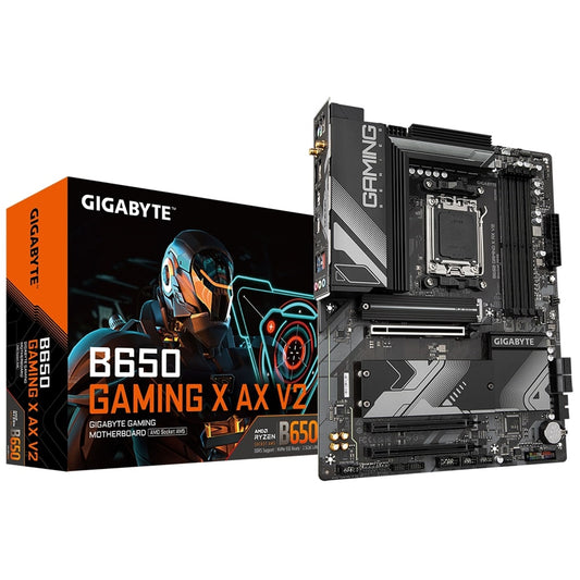Gigabyte, Gigabyte B650 GAMING X AX V2 AMD AM5 Socket Motherboard, ATX, 4x DDR5 Slots, 3x M.2 Sockets, Fitted I/O Shield, 2.5GbE LAN, Wi-Fi 6E, 1x DisplayPort / 1x HDMI Port, AMD B650, ATX Form Factor; 30.5cm x 24.4cm