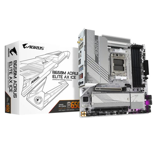 Gigabyte, Gigabyte B650M AORUS ELITE AX ICE AMD AM5 Socket Motherboard, Micro-ATX, 4x DDR5 Slots, 2x M.2 Sockets, Fitted I/O Shield, 2.5GbE LAN, Wi-Fi 6E, 1x DisplayPort / 1x HDMI Port, AMD B650, Micro ATX Form Factor; 24.4cm x 24.4cm