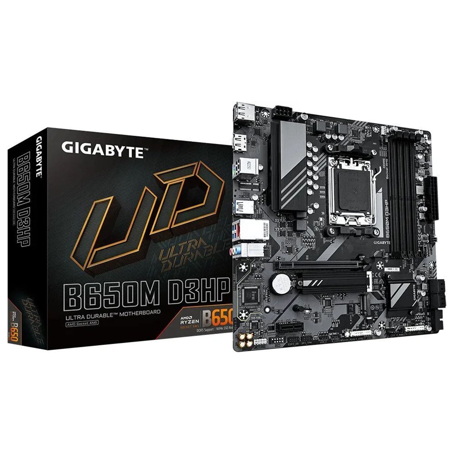 Gigabyte, Gigabyte B650M D3HP Ultra Durable AMD AM5 Socket Motherboard, Micro-ATX, 4x DDR5 Slots, 2x M.2 Sockets, 2.5GbE LAN, 2x DisplayPorts / 1x HDMI Port, AMD B650