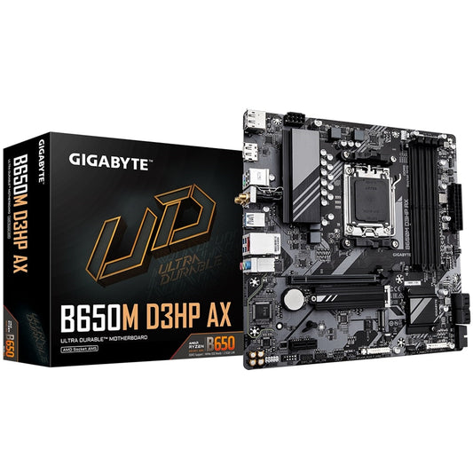 Gigabyte B650M D3HP AX Ultra Durable AMD AM5 Socket Motherboard, Micro-ATX, 4x DDR5 Slots, 2x M.2 Sockets, 2x USB-C Port, 2.5GbE LAN, Wi-Fi 6E, 2x DisplayPorts / 1x HDMI Port - PC Gear UK