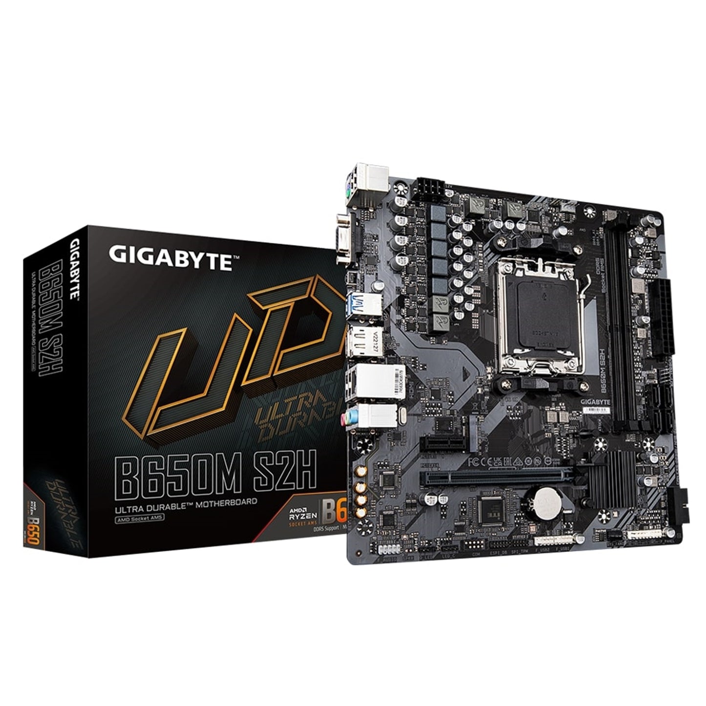 Gigabyte, Gigabyte B650M S2H Ultra Durable AMD AM5 Socket Motherboard, Micro-ATX, 2x DDR5 Slots, 1x M.2 Socket, GbE LAN, 1x D-Sub / 1x DisplayPort / 1x HDMI Port, AMD B650, Micro ATX Form Factor; 23.0cm x 22.5cm