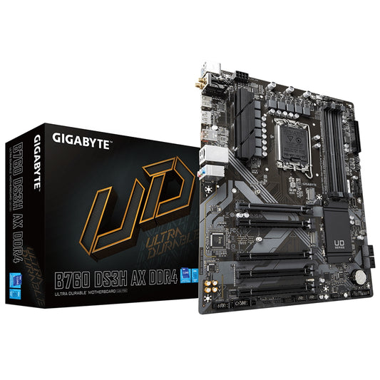 Gigabyte B760 DS3H AX DDR4 Ultra Durable Intel 1700 Socket Motherboard, ATX, 4x DDR4 Slots, 2x M.2 Sockets, 2x USB-C Port, GbE LAN, Wi-Fi 6E, 1x DisplayPort / 1x HDMI Port - PC Gear UK