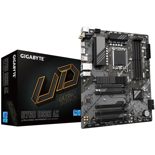 Gigabyte B760 DS3H AX Ultra Durable Intel 1700 Socket Motherboard, ATX, 4x DDR5 Slots, 2x M.2 Sockets, 2x USB-C Port, Fitted I/O Shield, GbE LAN, Wi-Fi 6E, 1x DisplayPort / 1x HDMI Port - PC Gear UK