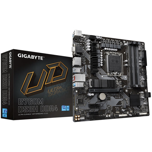 Gigabyte B760M DS3H DDR4 Ultra Durable Intel 1700 Socket Motherboard, Micro-ATX, 4x DDR4 Slots, 2x M.2 Sockets, 1x USB-C Port, 2.5GbE LAN, 1x D-Sub / 2x DisplayPorts / 1x HDMI Port - PC Gear UK