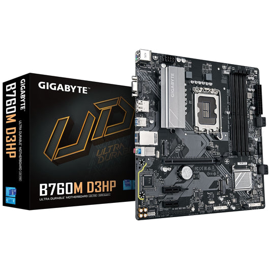 Gigabyte B760M D3HP Intel 1700 Socket Motherboard, Micro-ATX, 4x DDR5 Slots, 2x M.2 Sockets, 1x USB-C Port, GbE LAN, 1x D-Sub / 1x DisplayPort / 1x HDMI Port - PC Gear UK