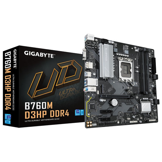 Gigabyte B760M D3HP DDR4 Intel 1700 Socket Motherboard, Micro-ATX, 4x DDR4 Slots, 2x M.2 Sockets, 1x USB-C Port, GbE LAN, 1x D-Sub / 1x DisplayPort / 1x HDMI Port - PC Gear UK