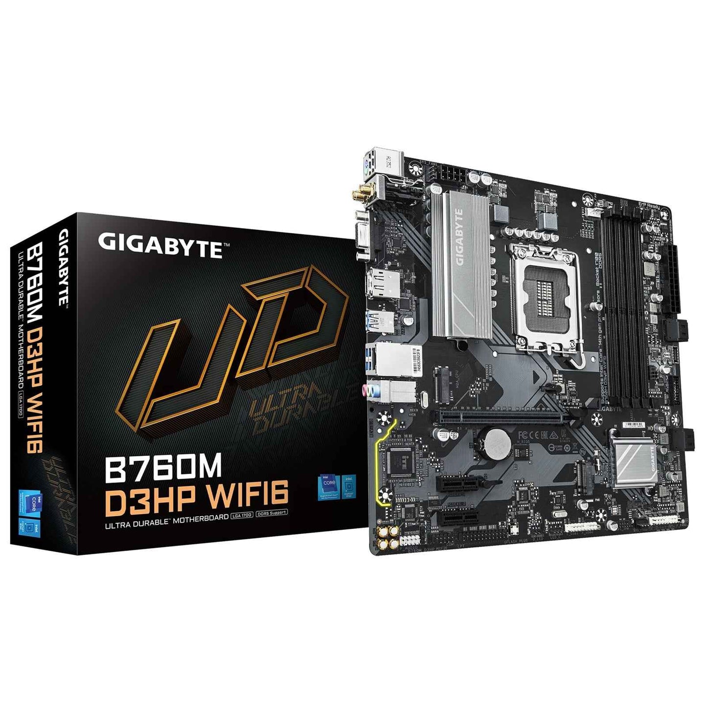 Gigabyte B760M D3HP WIFI6 Intel 1700 Socket Motherboard, Micro-ATX, 4x DDR5 Slots, 2x M.2 Sockets, GbE LAN, Wi-Fi 6, 1x D-Sub / 1x DisplayPort / 1x HDMI Port