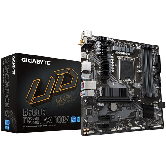 Gigabyte B760M DS3H AX DDR4 Ultra Durable Intel 1700 Socket Motherboard, Micro-ATX, 4x DDR4 Slots, 2x M.2 Sockets, 1x USB-C Port, 2.5GbE LAN, Wi-Fi 6E, 1x D-Sub / 1x DisplayPort / 1x HDMI Port - PC Gear UK