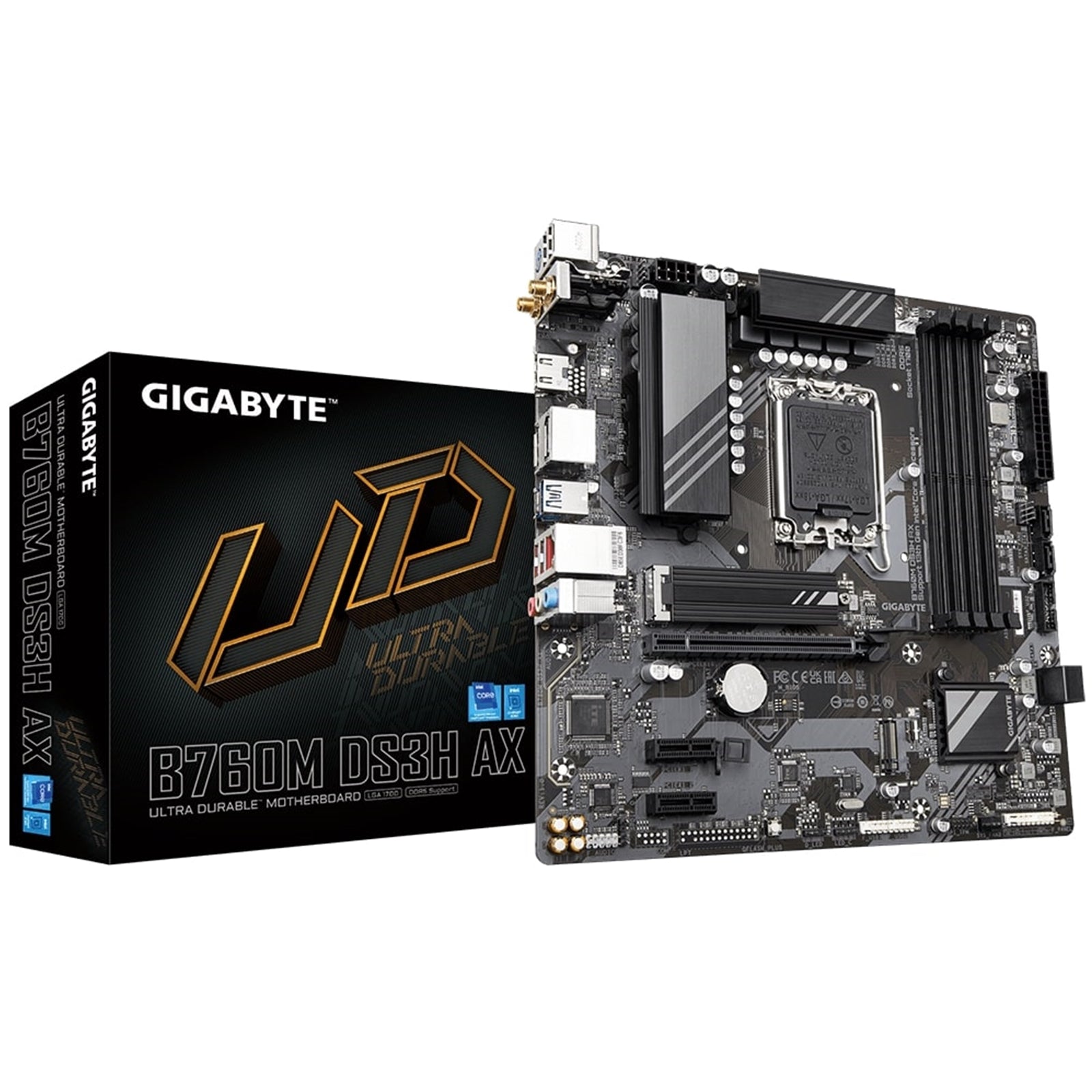 Gigabyte B760M DS3H AX Ultra Durable Intel 1700 Socket Motherboard, Micro-ATX, 4x DDR5 Slots, 2x M.2 Sockets, 1x USB-C Port, 2.5GbE LAN, Wi-Fi 6E, 2x DisplayPorts / 1x HDMI Port - PC Gear UK