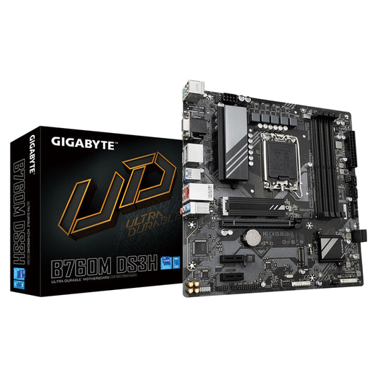 Gigabyte B760M DS3H Ultra Durable Intel 1700 Socket Motherboard, Micro-ATX, 4x DDR5 Slots, 2x M.2 Sockets, 1x USB-C Port, 2.5GbE LAN, 1x D-Sub / 2x DisplayPorts / 1x HDMI Port - PC Gear UK