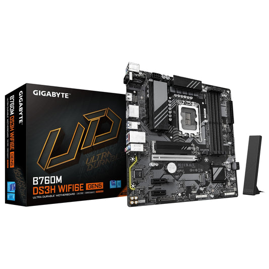 Gigabyte, Gigabyte B760M DS3H WIFI6E GEN5 Intel 1700 Socket Motherboard, Micro-ATX, 4x DDR5 Slots, 2x M.2 Socket, 2.5GbE LAN, Wi-Fi 6E, 1x HDMI Port / 2x DisplayPort, Intel B760 Express Chipset, Micro ATX Form Factor; 24.4cm x 24.4cm