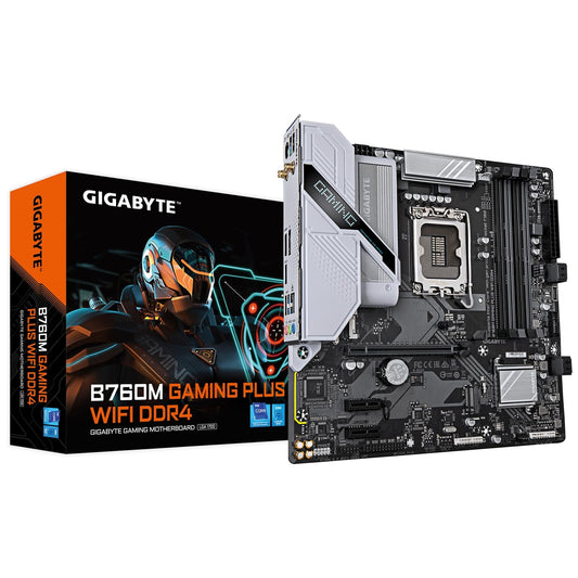 Gigabyte B760M GAMING PLUS WIFI DDR4 Intel 1700 Socket Motherboard, Micro-ATX, 4x DDR4 Slots, 2x M.2 Sockets, 1x USB-C Port, Fitted I/O Shield, GbE LAN, Wi-Fi 6, 1x DisplayPort / 1x HDMI Port - PC Gear UK