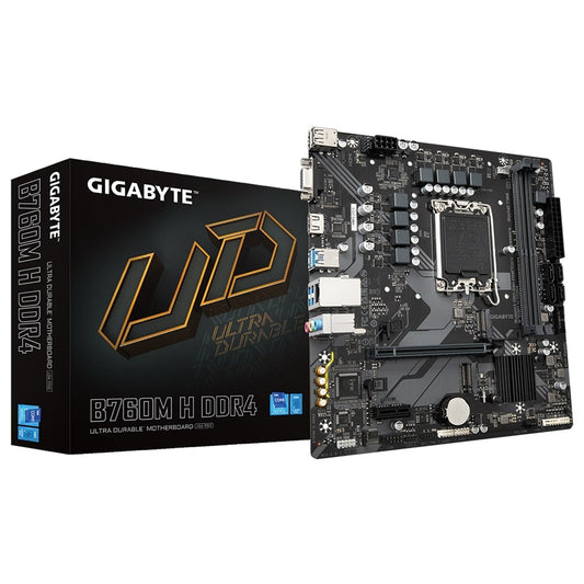 Gigabyte B760M H DDR4 Ultra Durable Intel 1700 Socket Motherboard, Micro-ATX, 2x DDR4 Slots, 2x M.2 Sockets, GbE LAN, 1x D-Sub / 1x HDMI Port - PC Gear UK