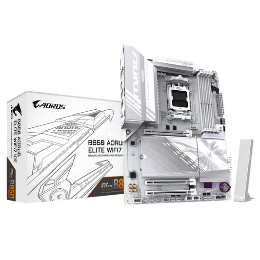 Gigabyte B850 AORUS ELITE WIFI7 ICE AMD AM5 Socket Motherboard, ATX, 4x DDR5 Slots, 3x M.2 Sockets, 2x USB-C Port, Fitted I/O Shield, 2.5GbE LAN, Wi-Fi 7, 1x DisplayPort / 1x HDMI Port - PC Gear UK