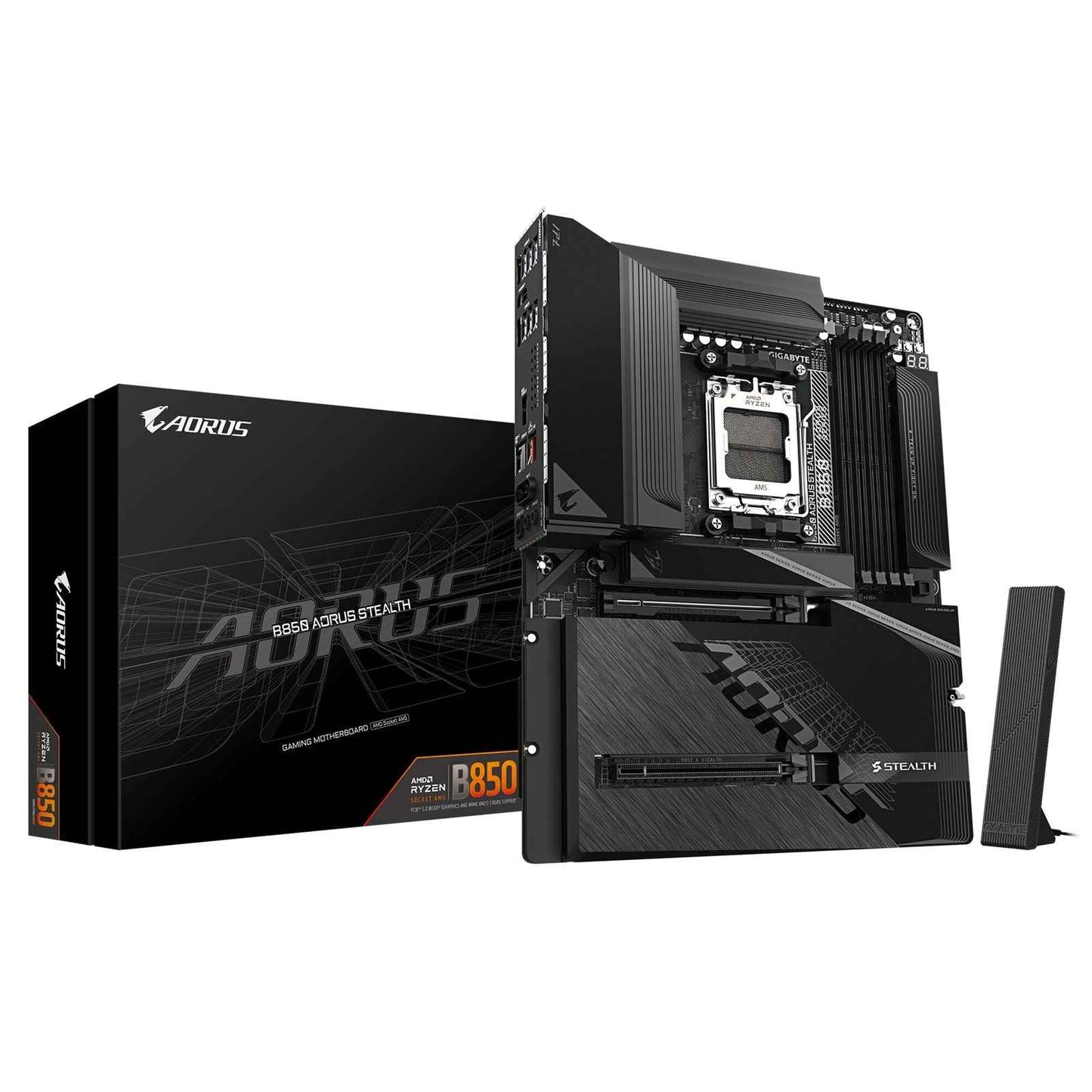 Gigabyte B850 AORUS STEALTH AMD AM5 Socket Motherboard, ATX, 4x DDR5 Slots, 3x M.2 Socket, Fitted I/O Shield, 5GbE LAN, Wi-Fi 7, 1x HDMI Port