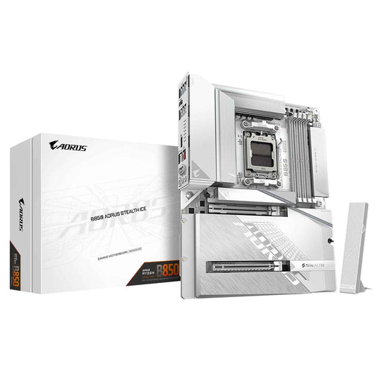 Gigabyte B850 AORUS STEALTH ICE AMD AM5 Socket Motherboard, ATX, 4x DDR5 Slots, 3x M.2 Socket, Fitted I/O Shield, 5GbE LAN, Wi-Fi 7, 1x HDMI Port