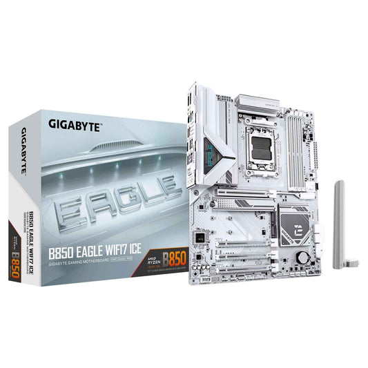 Gigabyte B850 EAGLE WIFI7 ICE AMD AM5 Socket Motherboard, ATX, 4x DDR5 Slots, 3x M.2 Socket, Fitted I/O Shield, 2.5GbE LAN, Wi-Fi 7, 1x DisplayPort / 1x HDMI Port