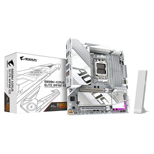 Gigabyte B850M AORUS ELITE WIFI6E ICE AMD AM5 Socket Motherboard, Micro-ATX, 4x DDR5 Slots, 2x M.2 Sockets, 2x USB-C Port, Fitted I/O Shield, 2.5GbE LAN, Wi-Fi 6E, 1x DisplayPort / 1x HDMI Port - PC Gear UK
