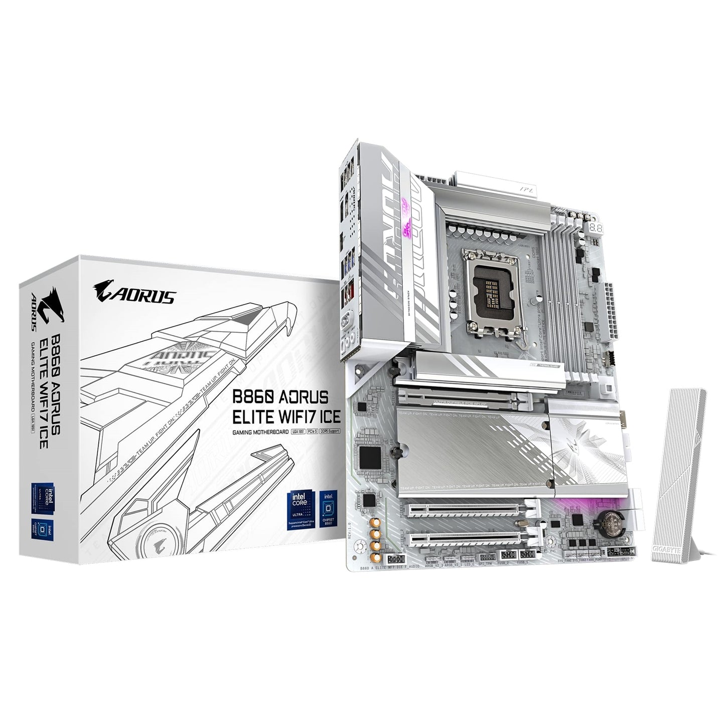 Gigabyte B860 AORUS ELITE WIFI7 ICE Intel 1851 Socket Motherboard, ATX, 4x DDR5 Slots, 3x M.2 Sockets, 2x USB-C Port, Fitted I/O Shield, 2.5GbE LAN, Wi-Fi 7, 1x DisplayPort / 2x HDMI / 1x USB-C (USB4) - PC Gear UK