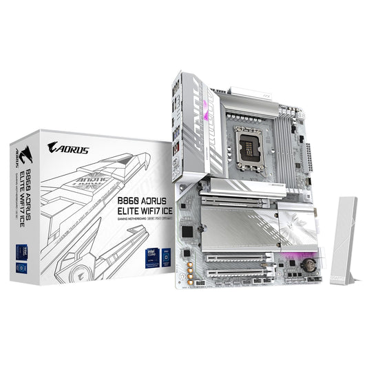 Gigabyte B860 AORUS ELITE WIFI7 ICE Intel 1851 Socket Motherboard, ATX, 4x DDR5 Slots, 3x M.2 Sockets, 2x USB-C Port, Fitted I/O Shield, 2.5GbE LAN, Wi-Fi 7, 1x DisplayPort / 2x HDMI / 1x USB-C (USB4) - PC Gear UK