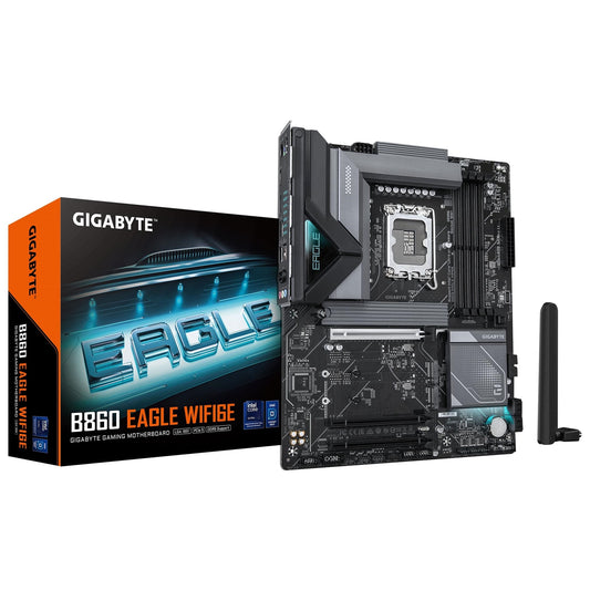 Gigabyte B860 EAGLE WIFI6E Intel 1851 Socket Motherboard, ATX, 4x DDR5 Slots, 3x M.2 Sockets, 2x USB-C Port, Fitted I/O Shield, 2.5GbE LAN, Wi-Fi 6E, 1x DisplayPort / 1x HDMI Port - PC Gear UK