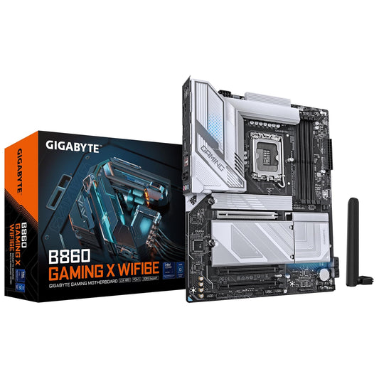 Gigabyte B860 GAMING X WIFI6E Intel 1851 Socket Motherboard, ATX, 4x DDR5 Slots, 3x M.2 Sockets, 2x USB-C Port, Fitted I/O Shield, 2.5GbE LAN, Wi-Fi 6E, 1x DisplayPort / 1x HDMI / 1x USB-C (USB4) - PC Gear UK