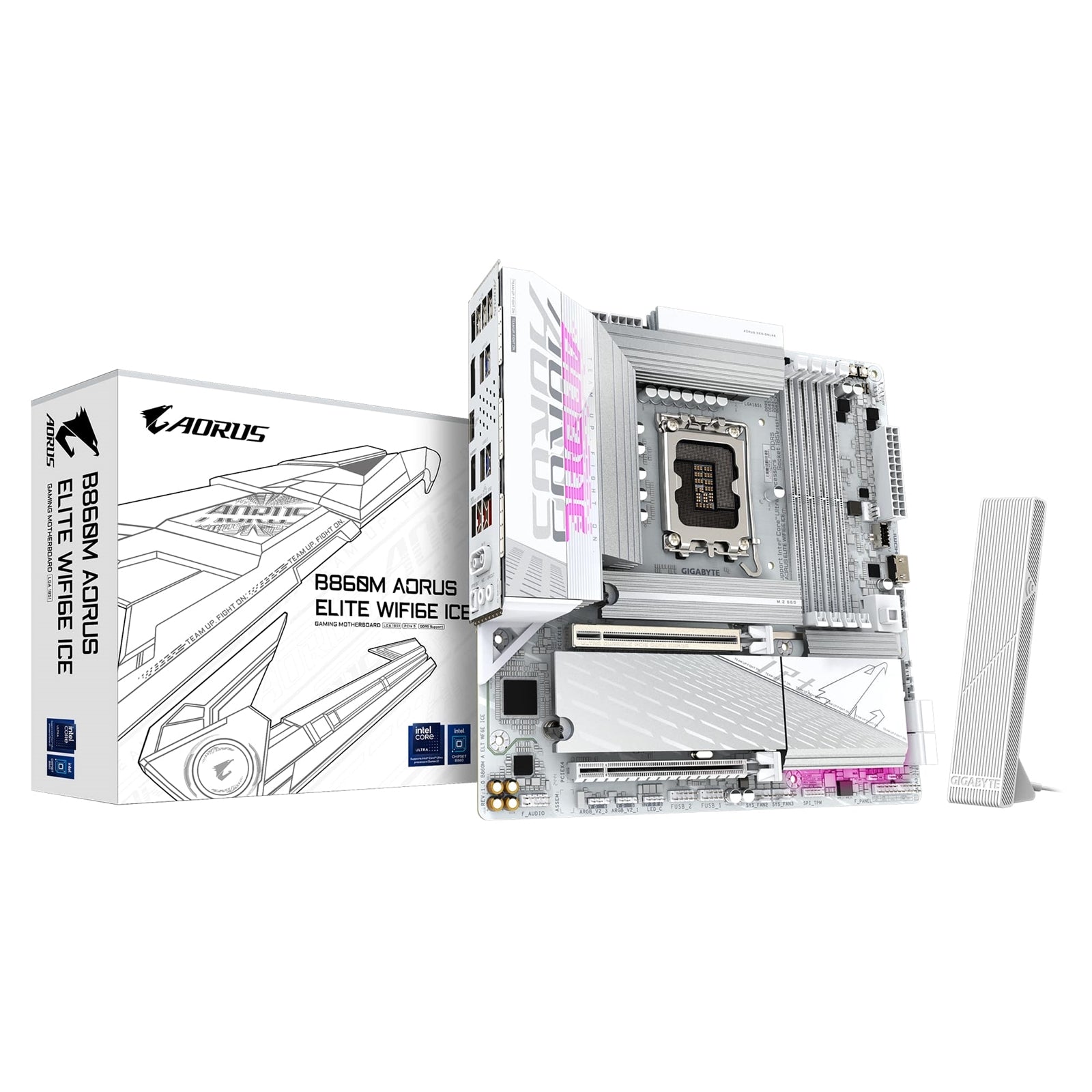 Gigabyte B860M AORUS ELITE WIFI6E ICE Intel 1851 Socket Motherboard, Micro-ATX, 4x DDR5 Slots, 3x M.2 Sockets, 2x USB-C Port, Fitted I/O Shield, 2.5GbE LAN, Wi-Fi 6E, 1x DisplayPort / 2x HDMI / 1x USB-C (USB4) - PC Gear UK