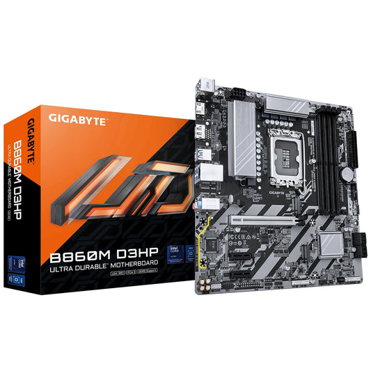 Gigabyte B860M D3HP Intel 1851 Socket Motherboard, Micro-ATX, 4x DDR5 Slots, 2x M.2 Sockets, 1x USB-C Port, GbE LAN, 1x DisplayPort / 1x HDMI Port - PC Gear UK