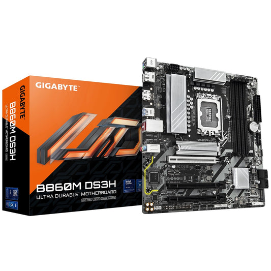 Gigabyte B860M DS3H Intel 1851 Socket Motherboard, Micro-ATX, 4x DDR5 Slots, 2x M.2 Sockets, 1x USB-C Port, 2.5GbE LAN, 2x DisplayPorts / 1x HDMI Port - PC Gear UK