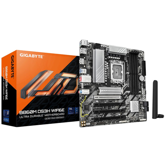 Gigabyte B860M DS3H WIFI6E Intel 1851 Socket Motherboard, Micro-ATX, 4x DDR5 Slots, 2x M.2 Sockets, 1x USB-C Port, 2.5GbE LAN, Wi-Fi 6E, 2x DisplayPorts / 1x HDMI Port - PC Gear UK
