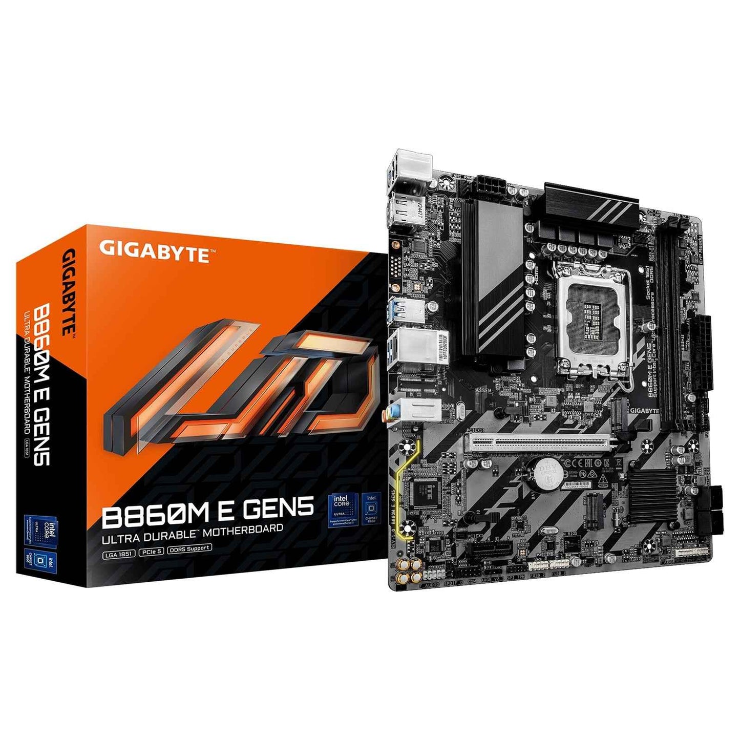 Gigabyte B860M E GEN5 Intel 1851 Socket Motherboard, Micro-ATX, 2x DDR5 Slots, 2x M.2 Sockets, GbE LAN, 1x DisplayPort / 1x HDMI Port