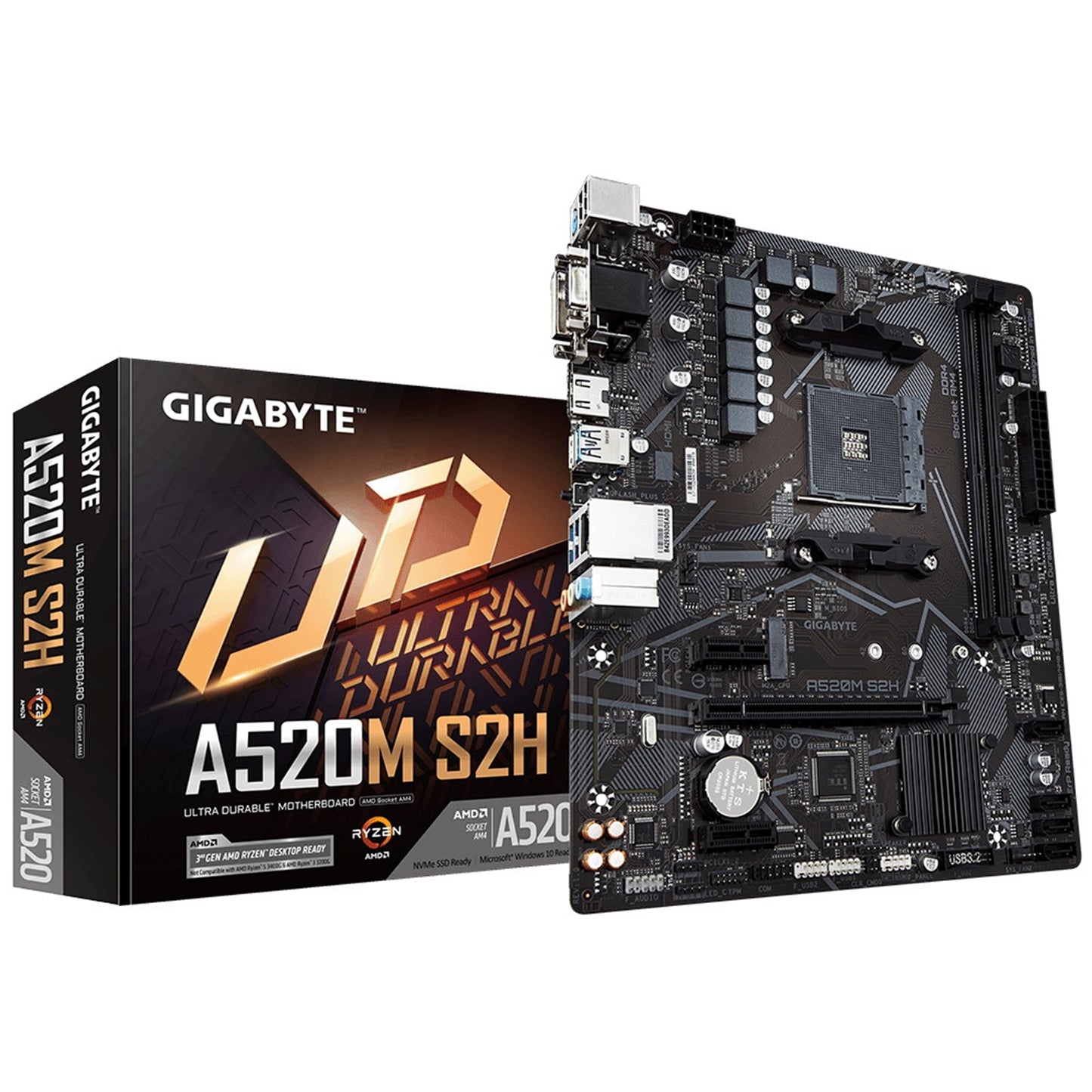 Gigabyte, Gigabyte A520M S2H Ultra Durable AMD AM4 Socket Motherboard, Micro-ATX, 2x DDR4 Slots, 1x M.2 Socket, GbE LAN, 1x D-Sub / 1x DVI-D / 1x HDMI Port, AMD A520