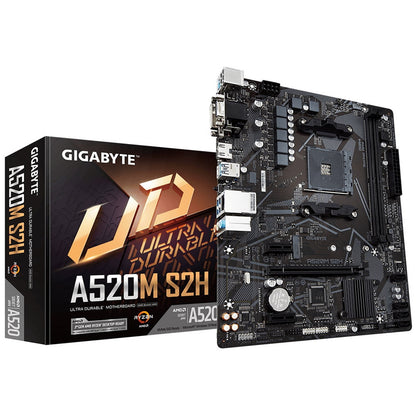 Gigabyte, Gigabyte A520M S2H Ultra Durable AMD AM4 Socket Motherboard, Micro-ATX, 2x DDR4 Slots, 1x M.2 Socket, GbE LAN, 1x D-Sub / 1x DVI-D / 1x HDMI Port, AMD A520