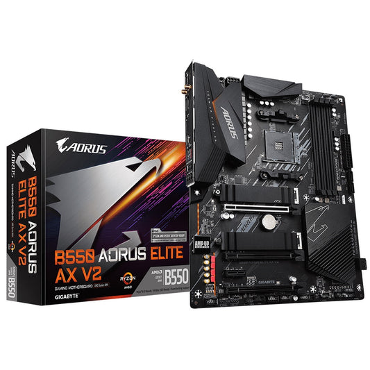 Gigabyte B550 AORUS ELITE AX V2 AMD AM4 Socket Motherboard, ATX, 4x DDR4 Slots, 2x M.2 Sockets, 1x USB-C Port, Fitted I/O Shield, 2.5GbE LAN, Wi-Fi 6E, 1x DisplayPort / 1x HDMI Port - PC Gear UK