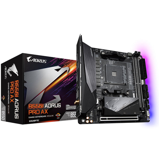 Gigabyte B550I AORUS PRO AX AMD AM4 Socket Motherboard, Mini-ITX, 2x DDR4 Slots, 2x M.2 Sockets, 1x USB-C Port, Fitted I/O Shield, 2.5GbE LAN, Wi-Fi 6, 1x DisplayPorts / 2x HDMI Port - PC Gear UK