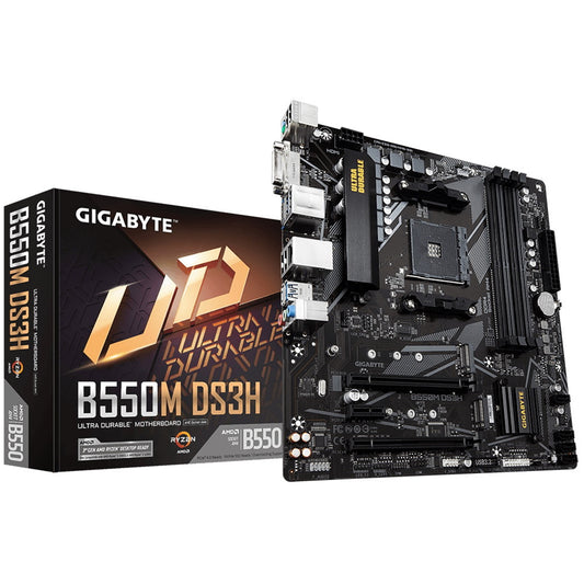 Gigabyte B550M DS3H Ultra Durable AMD AM4 Socket Motherboard, Micro-ATX, 4x DDR4 Slots, 2x M.2 Sockets, GbE LAN, 1x DVI-D / 1x DisplayPort / 1x HDMI Port - PC Gear UK