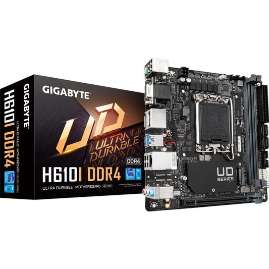 Gigabyte H610I DDR4 Ultra Durable Intel 1700 Socket Motherboard, Mini-ITX, 2x DDR4 Slots, 1x M.2 Socket, GbE LAN, 1x D-Sub / 2x DisplayPorts / 1x HDMI Port - PC Gear UK