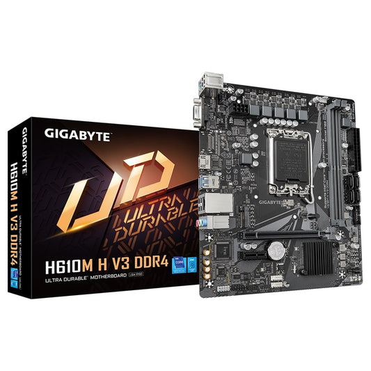 Gigabyte H610M H V3 DDR4 Ultra Durable Intel 1700 Socket Motherboard, Micro-ATX, 2x DDR4 Slots, 1x M.2 Socket, GbE LAN, 1x D-Sub / 1x HDMI Port - PC Gear UK