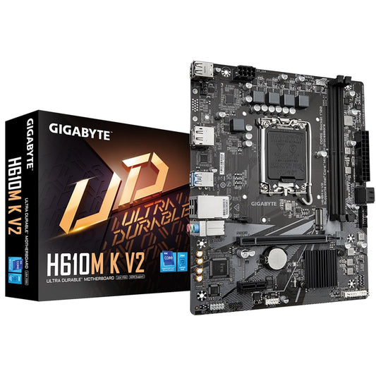 Gigabyte, Gigabyte H610M K V2 DDR5 Anti-Sulfur Resistor Intel 1700 Socket Motherboard, Micro-ATX, 2x DDR5 Slots, 1x M.2 Socket, GbE LAN, 1x DisplayPort / 1x HDMI Port, Intel H610 Express Chipset, Micro ATX Form Factor; 22.6cm x 18.5cm