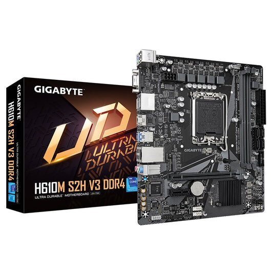 Gigabyte H610M S2H V3 DDR4 Ultra Durable Intel 1700 Socket Motherboard, Micro-ATX, 2x DDR4 Slots, 1x M.2 Socket, GbE LAN, 1x D-Sub / 2x DisplayPorts / 1x HDMI Port - PC Gear UK