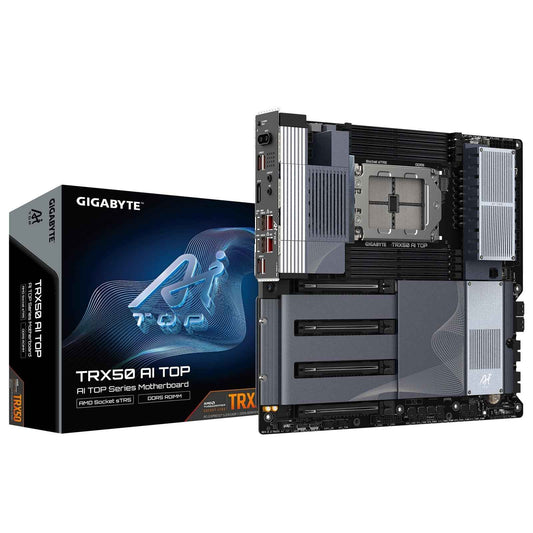 Gigabyte TRX50 AI TOP AMD sTR5 Socket Motherboard, E-ATX, 8x DDR5 Slots, 4x M.2 Sockets, Fitted I/O Shield, 2x 10GbE LAN, Wi-Fi 7, 1x DisplayPort / 1x USB-C (USB4)