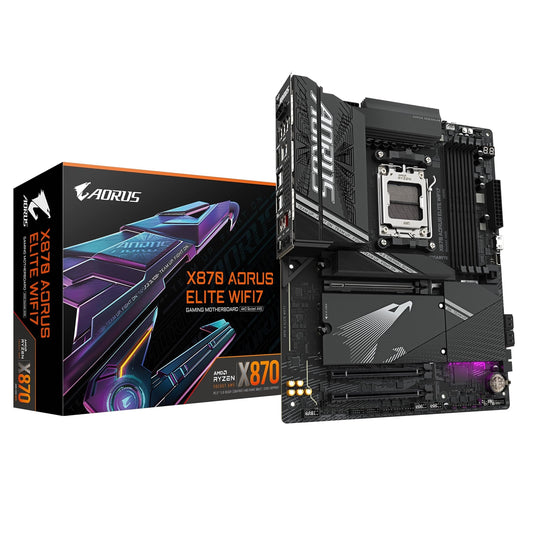 Gigabyte X870 AORUS ELITE WIFI7 AMD AM5 Socket Motherboard, ATX, 4x DDR5 Slots, 3x M.2 Sockets, 3x USB-C Port, Fitted I/O Shield, 2.5GbE LAN, Wi-Fi 7, 2x HDMI Port / 2x USB-C (USB4) - PC Gear UK