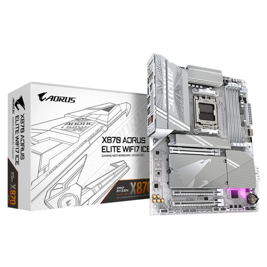 Gigabyte X870 AORUS ELITE WIFI7 ICE AMD AM5 Socket Motherboard, ATX, 4x DDR5 Slots, 4x M.2 Sockets, 3x USB-C Port, Fitted I/O Shield, 2.5GbE LAN, Wi-Fi 7, 2x HDMI Port / 2x USB-C (USB4) - PC Gear UK